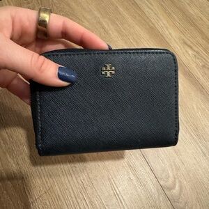 Tory Burch Black Saffiano Leather Zip Around Compact Wallet w/ Key Ring